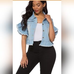 Ruffled Denim Peplum Jacket Boho, Romantic, Layering Large